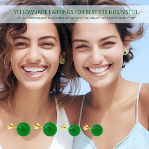 Jade Green Stud Earrings, Natural Round Beaded Agate Emerald Garnet Obsidian Gemstone Ear Studs Ball Jade Jewelry Gift, Green 8mm - color: green-6mm