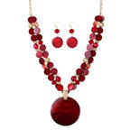 Layered Beads Statement Fashion Necklace Chunky Jewelry Set Big Colorful Glass Stone Circle Shell Pendant Choker Necklace and Earring Set for Women - color: burgundy