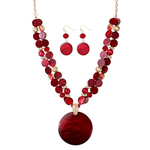 Layered Beads Statement Fashion Necklace Chunky Jewelry Set Big Colorful Glass Stone Circle Shell Pendant Choker Necklace and Earring Set for Women - color: burgundy