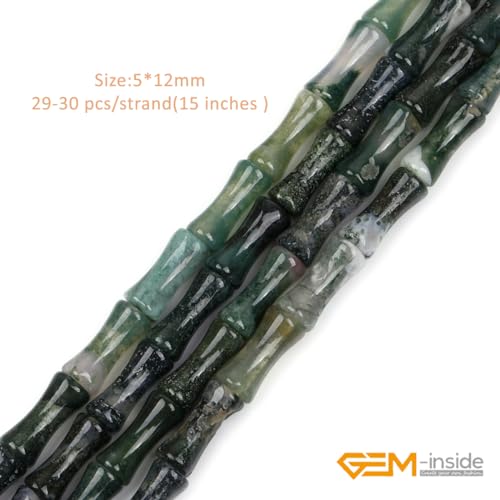 GEM-Inside 30Pcs 5x12mm Natural Green Moss Agate Stone Semi Gemstone Plant Bamboo Knot Bone Beads for Jewelry Making Power Energy Chakra Stone Beads - color: Green Moss Agate
