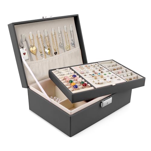 Homeanda Jewelry box 2 layer Jewelry box Leather Jewelry boxes for Women Girls Teens Jewelry organizer box Jewelry Storage box with lock(Black) - color: Black