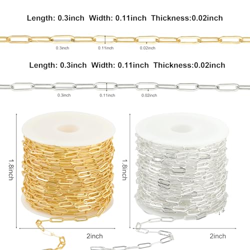 Kyutong 2 Rolls Paperclip Chain for Jewelry Making 32.8 Feet Jewelry Chain Links Silver and Gold Chains Bulk with Lobster Clasps and Jump Rings for DIY Craft Finding Jewelry Making Supplies - color: 2.8×7.6 Paperclip Chain