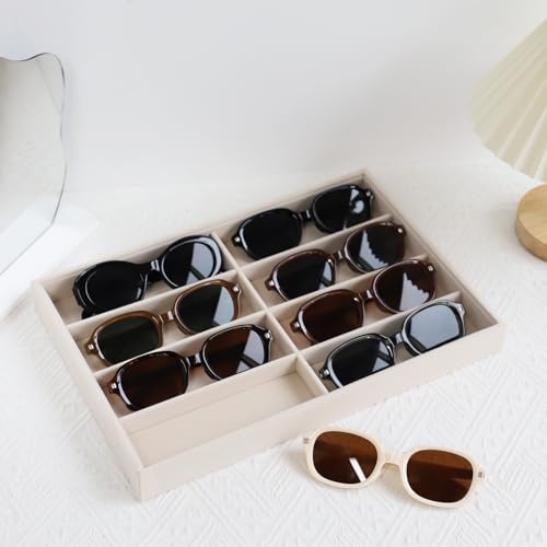 Stratalife Sunglasses Organizer Stackable Sunglass Jewelry Storage Tray with Removable Dividers Display Case for Necklace Earring Bracelet Drawer Inserts 8 Grid Beige