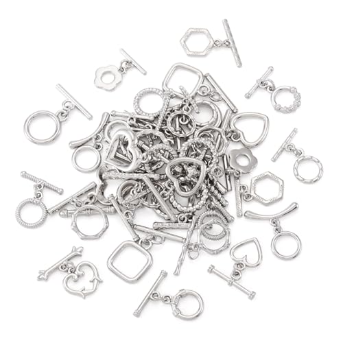 38Pcs Platinum Toggle Clasp, 19 Styles Bracelet Closure Clasps IQ Toggle Clasps Oval Flower Heart Clasp Fastener Hook Toggles Connectors for Necklace Bracelet Jewelry Making - color: Platinum-19 Styles