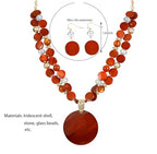 Layered Beads Statement Fashion Necklace Chunky Jewelry Set Big Colorful Glass Stone Circle Shell Pendant Choker Necklace and Earring Set for Women - color: burnt orange