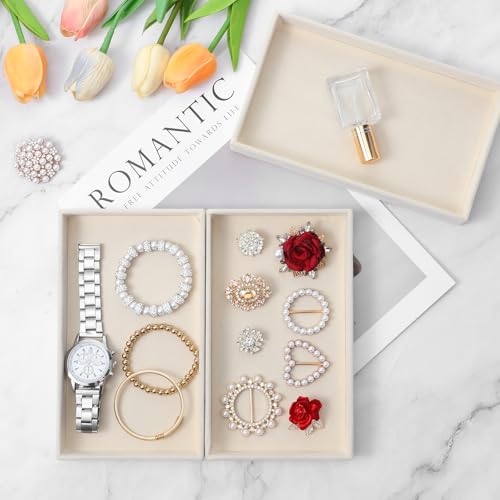 12 Pack Velvet Jewelry Trays, Stackable Drawer Organizer Inserts for Necklace, Earring, Ring, Bracelet Showcase Display and Storage, Beige, 8.27 x 4.92 x 1 Inch