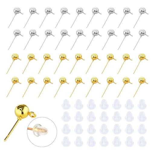 340PCS Ball Earring Studs and Backs for Jewelry Making, 140PCS Round Balls Post Earring Studs with Loop and and 200PCS Clear Backs for DIY Jewelry Making(KC Gold and White K) - color: gold and silver