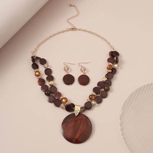 Layered Beads Statement Fashion Necklace Chunky Jewelry Set Big Colorful Glass Stone Circle Shell Pendant Choker Necklace and Earring Set for Women - color: Brown