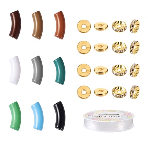 Spritewelry 100pcs Acrylic Chunky Tube Beads for Bracelets with Brass Rhinestone Spacer Beads Elastic Crystal Thread Opaque Curved Tube Beads Acrylic Bangle Bamboo Beads for Jewelry Making - color: Green-Opaque