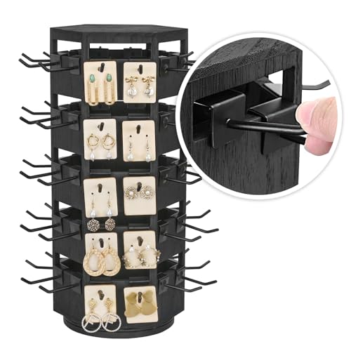 Ikee Design Free Assembly Natural Wood Hexagon 6 Sided Rotating Jewelry Display Stand Tower,60 Removable Metal Hooks,Keychain Earring Display Stand Tower for Selling,Showcase,Black Color - color: 6 side, Black, 60 hooks