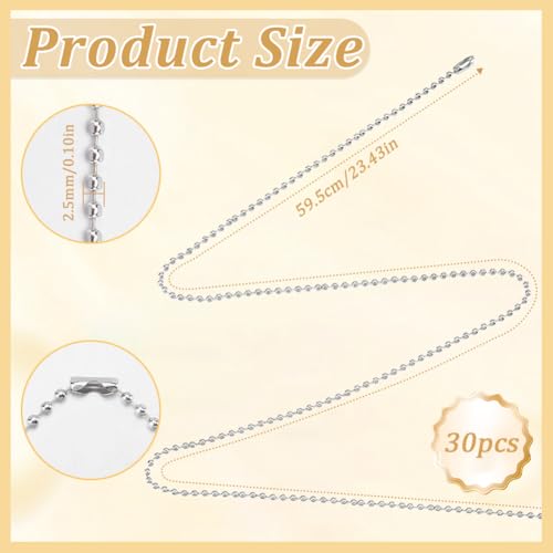 1 Box 30Pcs 24 Inch Silver Ball Chain Necklace Bulk Ball Bead Necklace Chains Metal Adjustable Ball Beads Chain with Connector Clasp for Jewelry Making Chains Supplies DIY Necklace Crafts - color: Silver