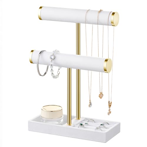 bussdis 2 Tier Bracelet Holder Display - Detachable T Bar White Velvet Bracelet Holder, Jewelry Holder Organizer for Bracelet, Necklace, Earrings, Rings - color: White