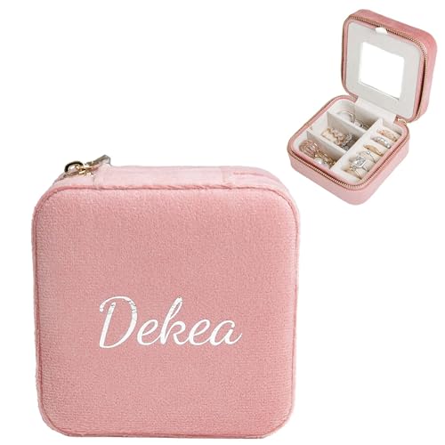 Customizable Compact Velvet Jewelry Box with Mirror, Travel Jewelry Case, Travel Jewelry Organizer, Jewelry Box for Women and Girls, Small Jewelry Organizer (Center Text, Coral Pink) - color: Coral Pink, size: Center Text Only