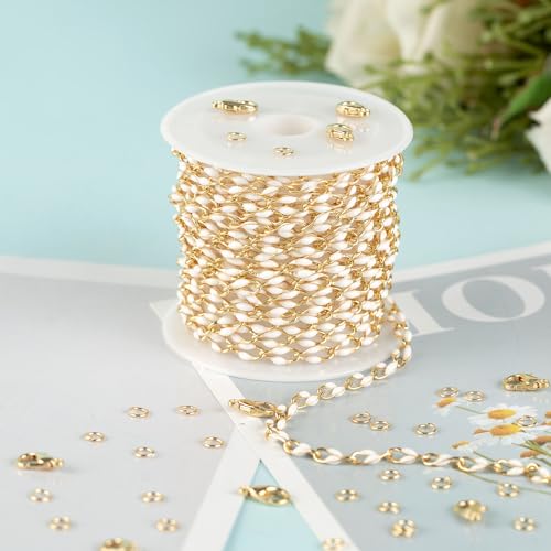White Enamel Cable Chain Customize Necklace DIY Jewelry Chain Roll, 2 Meters Gold Plated Brass Chain with Jump Rings and Lobster Clasps - color: White