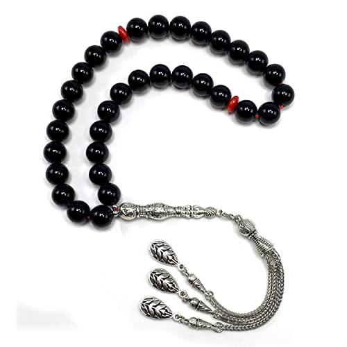 Simple Designed Natural Stone Worry Beads (8mm -33 Beads) - Prayer Beads Tesbih-Tasbih-Tasbeeh-Misbaha-Subha-Sebha-Sibha-Rosary (Black Shiny Glass -10 mm 33- Beads) - color: Black Shiny Glass -10 mm 33- Beads