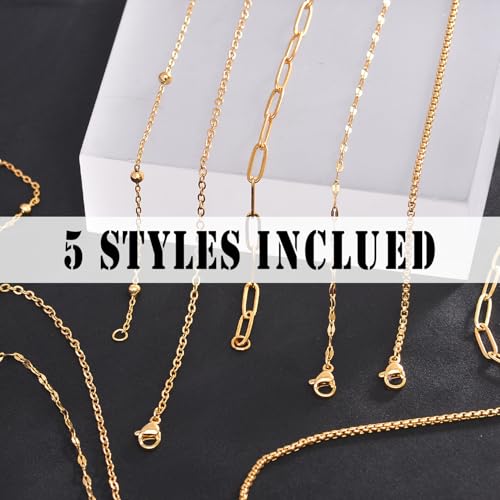 stino 20 Pack (5 Styles) Stainless Steel Chains for Jewelry Making, Bulk Gold Plated Chains, Satellite, Paper Clip, Lip, Rolo, Cable Mixed Styles (Gold (19 inch)) - color: Gold Plated (19 inch)