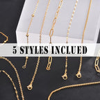 stino 20 Pack (5 Styles) Stainless Steel Chains for Jewelry Making, Bulk Gold Plated Chains, Satellite, Paper Clip, Lip, Rolo, Cable Mixed Styles (Gold Plated (21 inch)) - color: Gold Plated (21 inch)