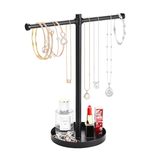 bodkar Jewelry Necklace Organizer Stand,12.9" Tall Sturdy Metal Jewelry Stand with Round Tray for Bracelet Bangles Holder Display,Long Necklace Organizer Holder (black) - color: Black