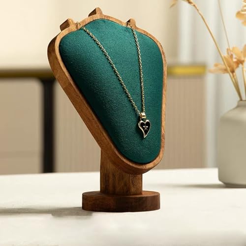 TANG SONG 8.27" Walnut Wooden Base Leather Soft Mat Necklace Display Stand Jewelry Organizer Holder (Walnut-Green) - color: Walnut-Green