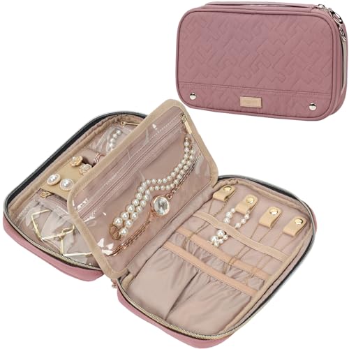 NISHEL Travel Jewelry Case, Holiday Organizer for Necklaces, Earrings, Rings, Bracelets, Watch, Rosewood-Pink - color: Rosewood-Pink, size: Medium