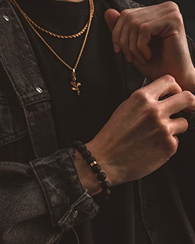 Forge & Foundry Men’s Matte Black Solid Onyx Beaded Bracelet | 10mm, 8mm, 6mm Bead Size Options | Signature Stainless Steel Engraved Bead | Andalus - color: 10mm Gold, size: Medium