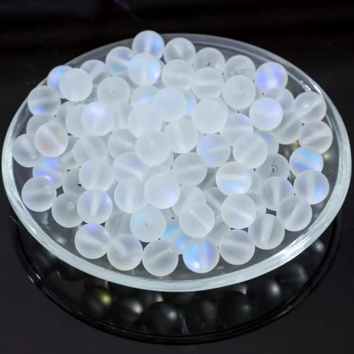 6MM/8MM/10MM-Matte White Aurora Crystal Glass Beads, Frosted Glitter Shining Mermaid Round Loose Beads, Rainbow Holographic Synthetic Moonstone for Jewelry Making DIY Bracelet (6MM) - size: 6MM