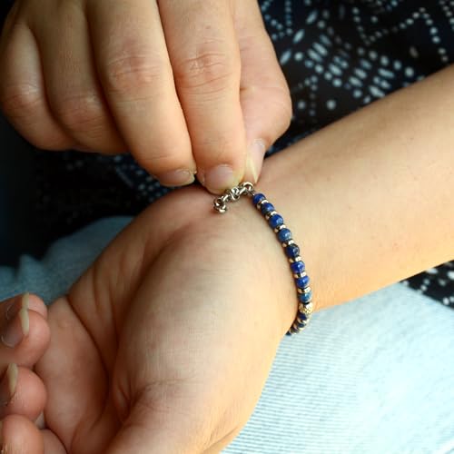 Ganbatte Handmade Beaded Bracelet, Natural Stone and Silver Stainless Steel, Boho Style Women's Jewelry - color: Lapis Lazuli