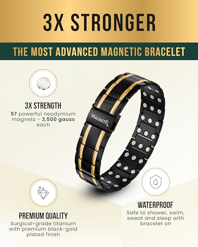 MagnetRX® 3X Strength Titanium Magnetic Bracelet – Magnetic Bracelets for Men – Premium Fold-Over Clasp and Adjustable Length with Sizing Tool (Black/Gold) - color: Black/Gold (3X Strength)