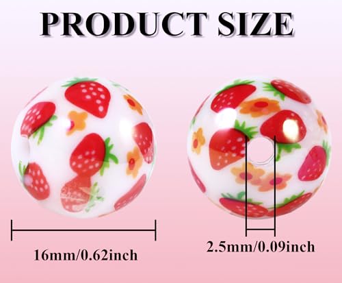 15Pcs Acrylic Beads Round 16mm Strawberry Print Fit for DIY Jewelry Bracelet Necklace Keychain Beadable Pens Mobile Phone Chain Making Cute (Strawberry) - color: Strawberry-White