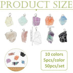 SUPERFINDINGS 50Pcs 10 Colors Natural Crystal Stone Pendant 4cm/1.6" Chakra Crystal Stone Charm Silver Plated Wire Wrapped Quartz Gemstone Charms Irregular Gemstone Charm for DIY Jewelry Making Crafts