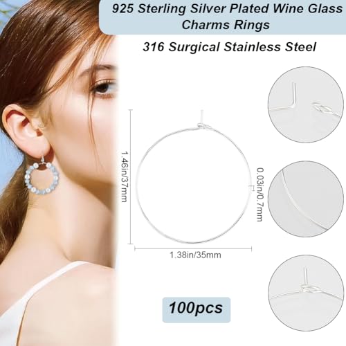 Beebeecraft 1 Box 100Pcs Hoop Ear Wires 316 Stainless Steel Earring Round Loops Findings Wine Glass Charm Rings for Beading Jewelry Making 35mm - color: Silver, size: 35mm