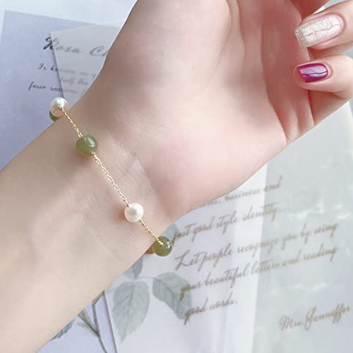 Natural Hetian Jade & Pearls Beaded Necklace Bracelet Jewelry for Women, Lucky Green Jade White Pearl Charm Adjustable Chain Jewelry Gift for Mom Lover her - color: Bracelets
