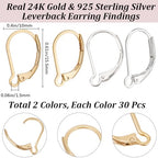 Beebeecraft 1 Box 60Pcs Leverback Earring Findings 24K Gold & 925 Sterling Silver Plated Clasp French Earring Hooks Ear Wire Clip Connector for Jewelry Making - color: 60Pcs 24K Gold & S925 Plated #2