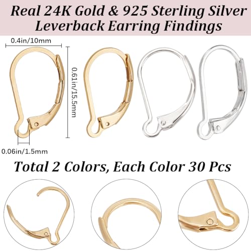 Beebeecraft 1 Box 60Pcs Leverback Earring Findings 24K Gold & 925 Sterling Silver Plated Clasp French Earring Hooks Ear Wire Clip Connector for Jewelry Making - color: 60Pcs 24K Gold & S925 Plated #2