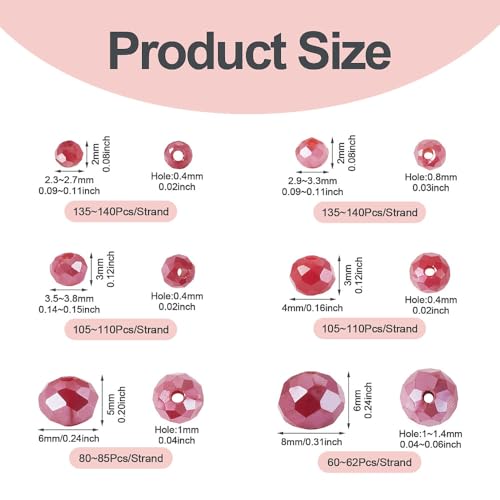 6 Strands Faceted Crystal Glass Beads Strands 2/3/4/6/8mm Rondelle Electroplate Glass Loose Spacer Beads Pearl Luster Plated for DIY Bracelet Necklace Jewelry Making, Dark Red - color: 2/3/4/6/8mm-Dark Red