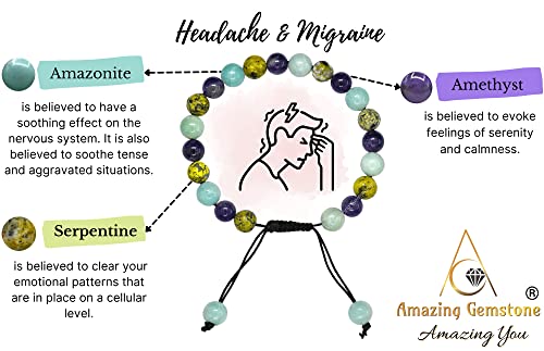 Amazing Gemstone Bracelet for Headaches and Migraines - Amazonite Serpentine Amethyst Bracelet Set for Men Women Healing Calming Anxiety Stress Relief Gifts Pulseras Para Hombres Mujer (Adjustable) - color: Headache & Migraine