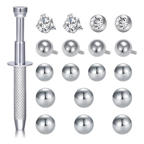 QWALIT Piercing Taper Threadless Insertion Tool - Titanium Labret Pin 16g, 18g, 20g - color: 21 - Silver Ball Grabber Tool+Ball