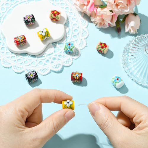 Stiesy Painted Column with Flower Glass Beads 10Pcs, 5 Colors Glass Spacer Loose Beads Bulk for DIY Jewelry Making Necklace Bracelet Earring Keychain Crafts 13x13mm - color: Column with Flower-5 Colors -10pcs