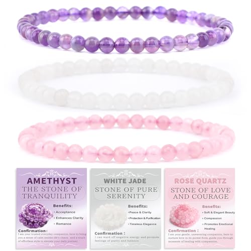 NCB 2.3-Piece 4mm Natural Crystal Gemstone Stretch Bracelets – Handmade Reiki Energy Healing Jewelry for Meditation,Yoga, Unisex - color: 3PCS ( Amethyst+Pink Quartz+White Jade ), size: 4mm