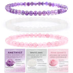NCB 2.3-Piece 4mm Natural Crystal Gemstone Stretch Bracelets – Handmade Reiki Energy Healing Jewelry for Meditation,Yoga, Unisex - color: 3PCS ( Amethyst+Pink Quartz+White Jade ), size: 4mm
