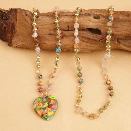 Long Necklaces for Women Boho, Oval Waterdrop Turquoise Pendant, Natural Stone Beaded, Handmade,Vintage & Elegance, Boho Fashion Charm Beaded Necklace for Women - style: E-Jasper Pendant