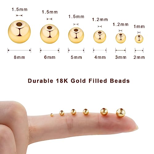 260pcs 18K Gold Filled Spacer Round Beads,Seamless Smooth Metal Round Beads,Gold Filled Solid Brass Beads for DIY Bracelet Necklace Earring Jewelry Making (6MM) - size: 6mm