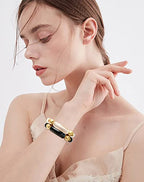 LALAPPLE Gold Plated Beaded Acrylic Bamboo Tube Bangle Bracelets for Women, Colorful Chunky Curved Tube With Gold Plated Pieces Beads Stretch Bracelet Friendship Summer Beach Jewelry - color: R-Black&Clear 2pcs