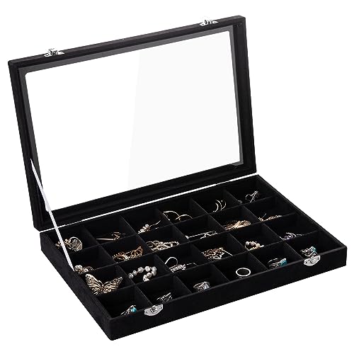 Frebeauty Velvet Jewelry Tray,24 Grid Jewelry Organizer with Clear Lid,Earring Holder Organizer with Clasp,Drawer Insert Rings Pendants Brooches,13.8 x 9.5 x 2 Inches,Gift for Women Girls(Black) - color: Black, size: 24 Grid