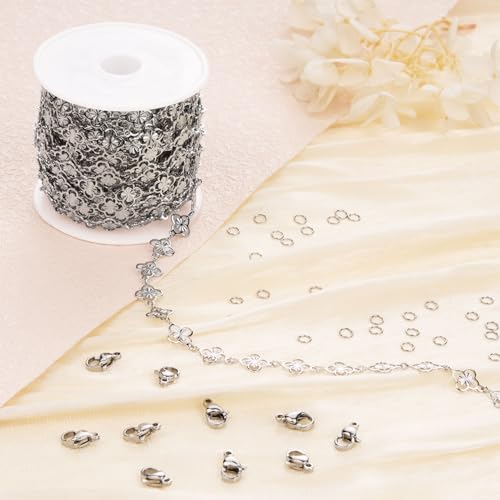 Jabogrii 16.4 Feet Silver Four Leaf Clover Jewelry Making Chains Roll Stainless Steel DIY Craft Chain Bulk for Jewelry Making - color: FLower Silver