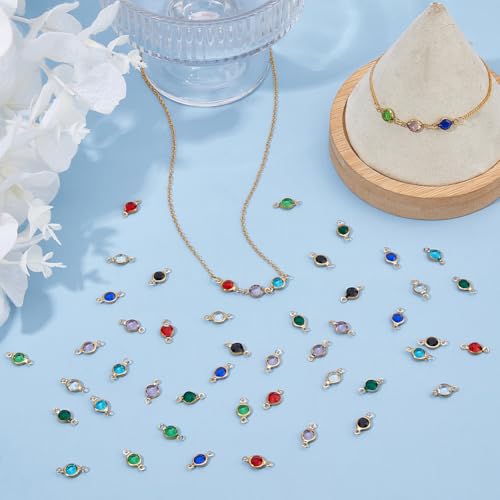 48Pcs Rhinestone Connector Charms 8 Colors Flat Round Stainless Steel Link Charms Crystal Glass Linking Pendant for Jewelry Necklace Bracelets Earrings Making DIY Crafts