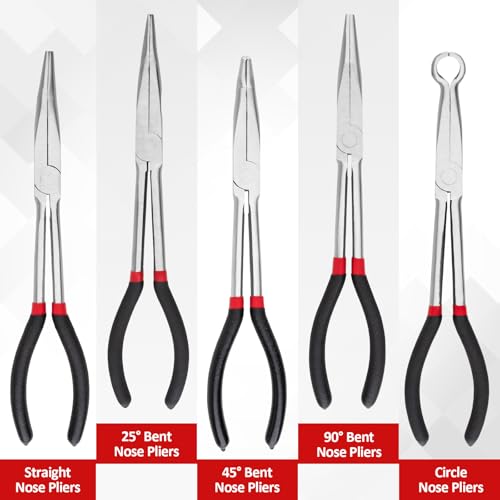 5Pcs Bent Nose Pliers 11 Inch Extra Long Needle Nose Pliers Set, Straight, 25°/45°/90° Bent, Circle Nose for Narrow Spaces, Hard to Reach Areas & Precision Work