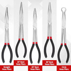 5Pcs Bent Nose Pliers 11 Inch Extra Long Needle Nose Pliers Set, Straight, 25°/45°/90° Bent, Circle Nose for Narrow Spaces, Hard to Reach Areas & Precision Work