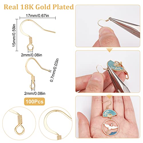 SUNNYCLUE 1 Box 100Pcs 18k Gold Plated Earring Hooks French Ear Hooks Fish Hook Earrings Ear Wires Fishhook Earring Findings for Jewellery Making Adult DIY Dangle Earrings Craft Accessories Supply - color: 100pcs Real 18k Gold Plated Earring Hooks