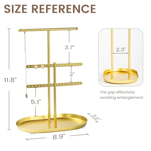 Saydear Elegant Jewelry holder Organizer: 2-Tier Display Storage Stand for Earrings Necklaces with Ring Tray Spacious and Durable, Easy to Assemble Gold - color: Gold